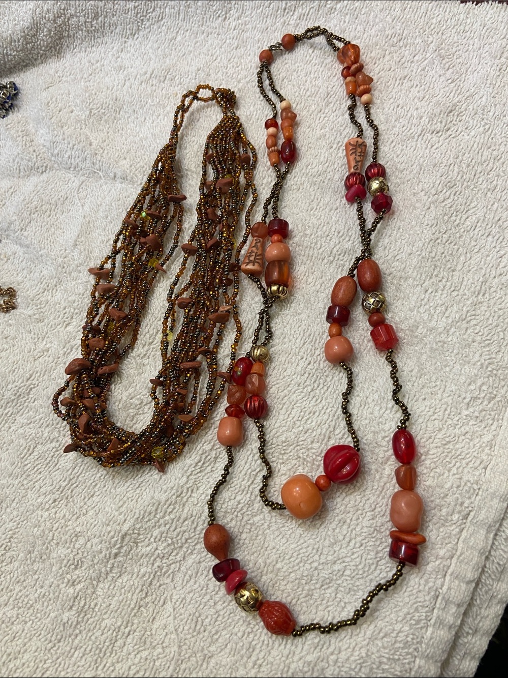 2 Seed Bead Brown, Orange, & Red Beaded Necklace Sets